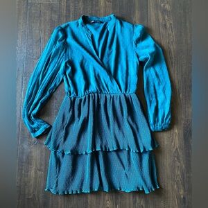 zara chiffon polka dot teal green ruffled mesh long sleeve dress women’s small